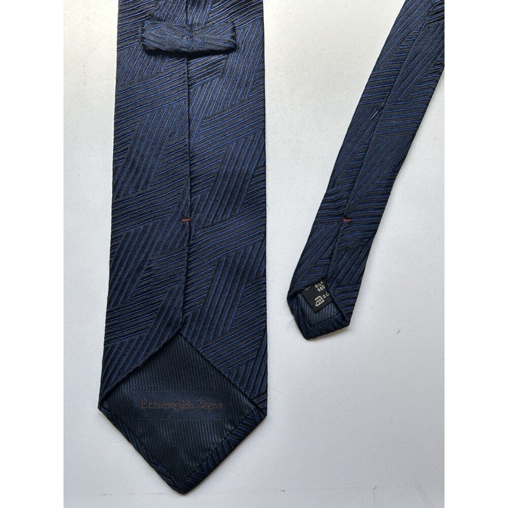 Ermenegildo Zegna Tie Mens Navy Blue Black Geometric Chevron Striped Woven Silk - Picture 4 of 6